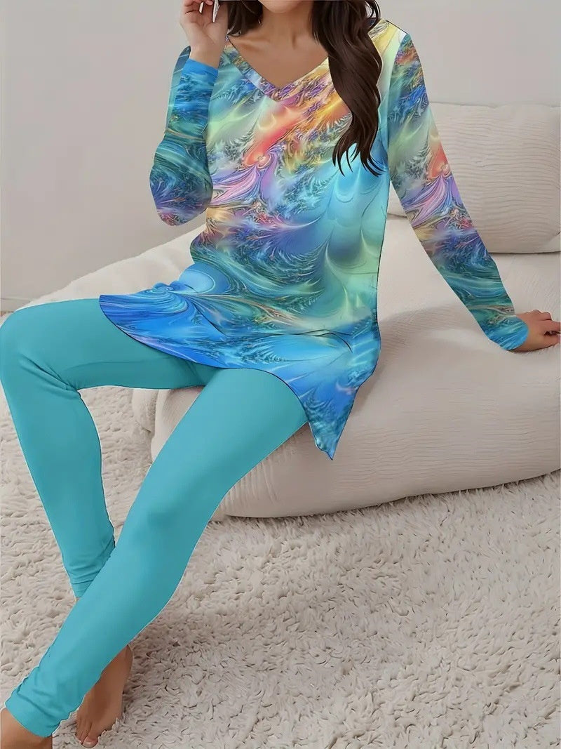 Women Vintage Fashion Floral V-neck Long Sleeve Leggings Printing Suit Figure 6 - D&A