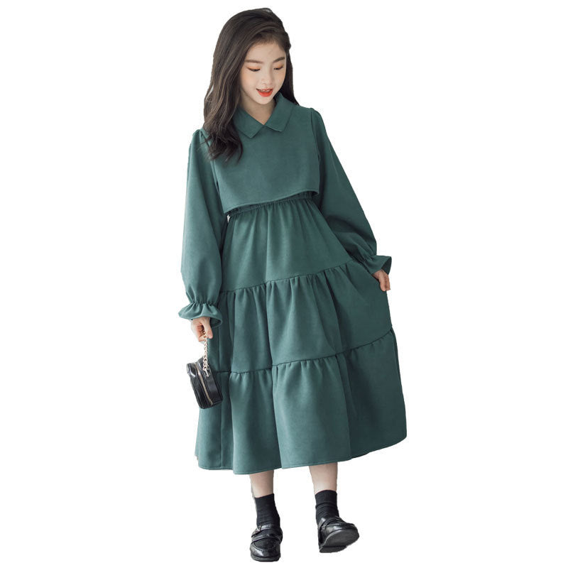 Corduroy Cotton Children's Clothing Trendy Fan Thick Warm Skirt Green - D&A