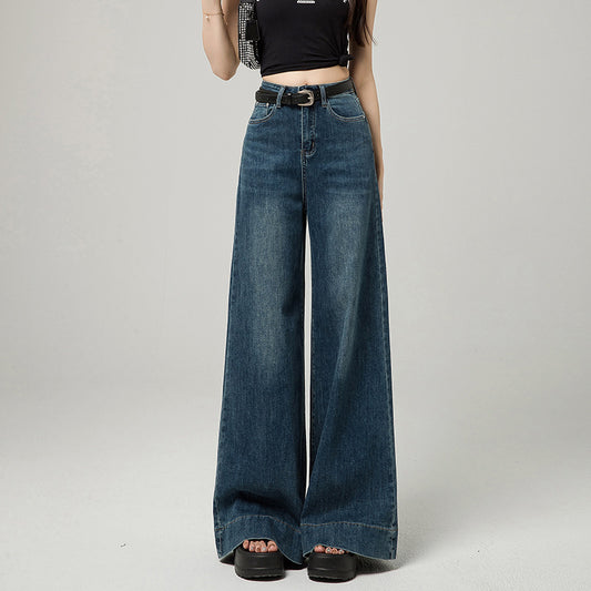 Dark Blue Narrow Version Korean Simple High Waist Loose Small Mop Wide Leg Pants - D&A