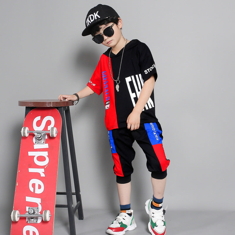 Children's clothing summer new boy short-sleeved suit in the big boy summer Korean version of the boy stitching sportswear tide Red black - D&A