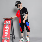 Children's clothing summer new boy short-sleeved suit in the big boy summer Korean version of the boy stitching sportswear tide Red black - D&A