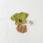 Girls' Casual Round Neck Cotton Ice Cream Patch Short Sleeve Shorts Suit Olive - D&A