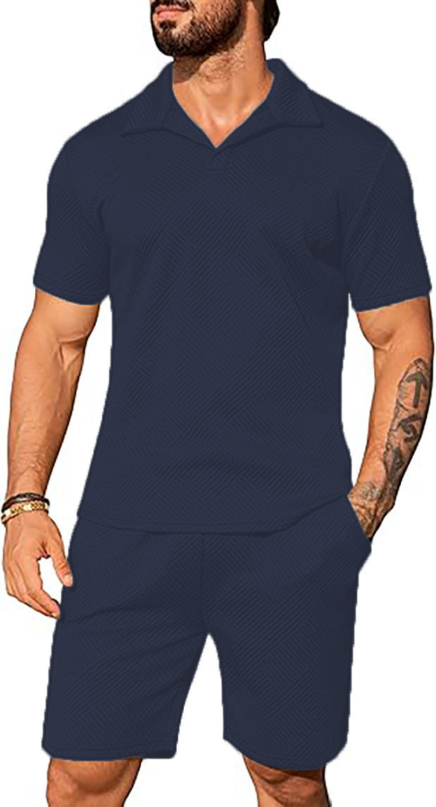 Men's Casual Solid Color Polo Short Oversleeves Navy Blue - D&A