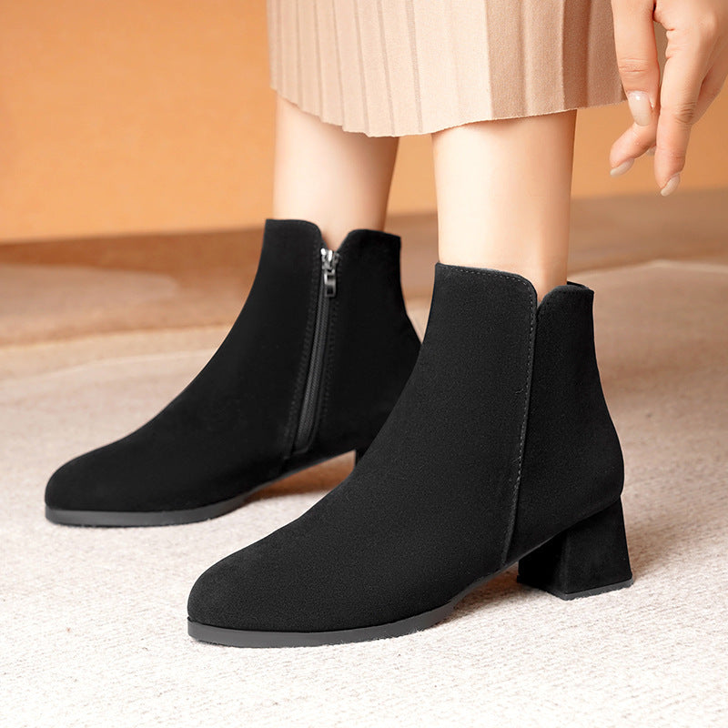 Pointed-toe Frosted Suede Side Zipper Chunky Heel Mid Heel Plus Size Female Boots - D&A