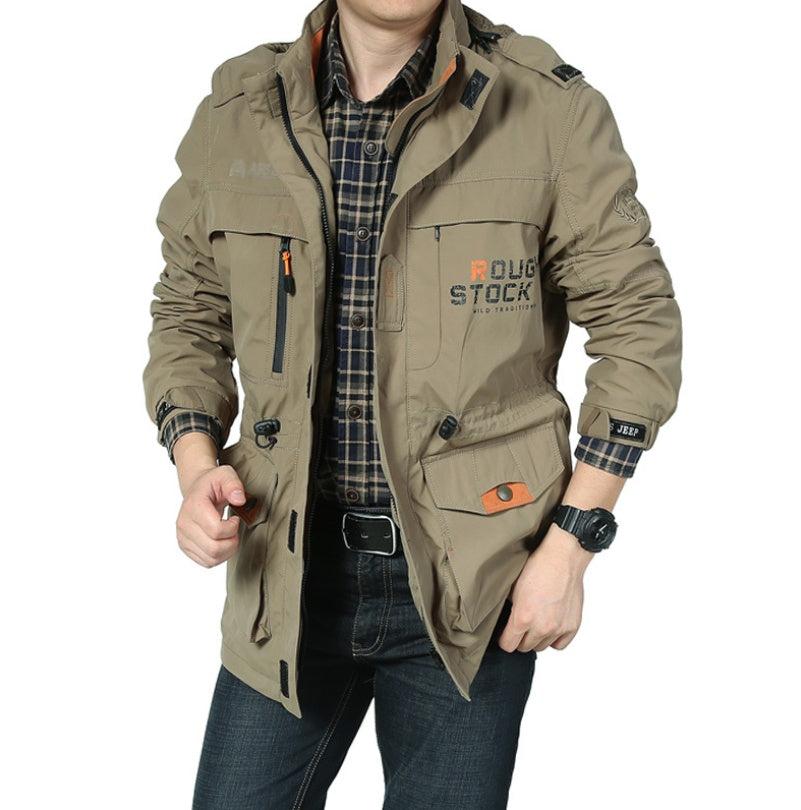 Spring thin Jacket jacket Men's casual outdoor waterproof breathable long hooded stand collar Jackets men 086 Khaki - D&A