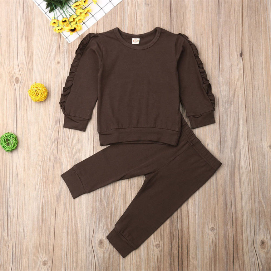 Newborn Baby Boys Girls Ruffles Jumper Solid Long Sleeve Sweatshirt Tops Pants Infant Kids 2Pcs Outfits Clothes Set Fall Clothes Brown - D&A