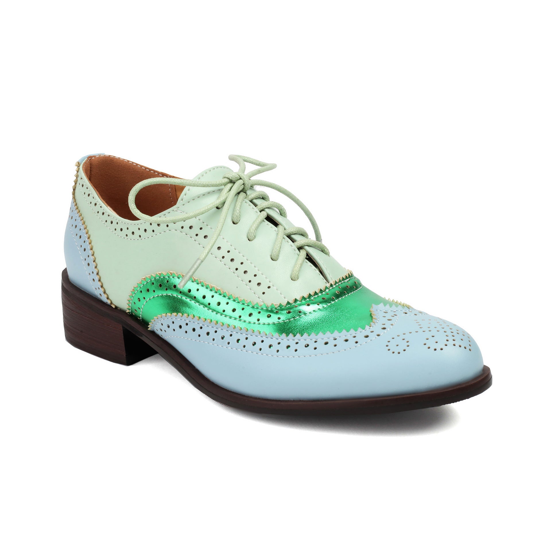 Retro British Contrasting Color Brogue High-cut Lace-up Shoes Green - D&A