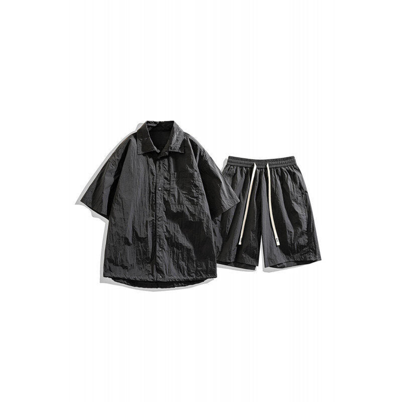 Men's Loose Shorts Casual Shirt Hemp Light Breathable Non-stick Two-piece Set Black - D&A