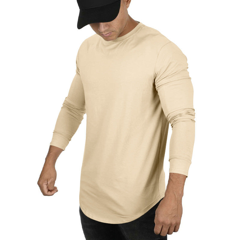 Men's Long-sleeved Casual Round Neck Solid Color Top Bottoming T-shirt Apricot - D&A