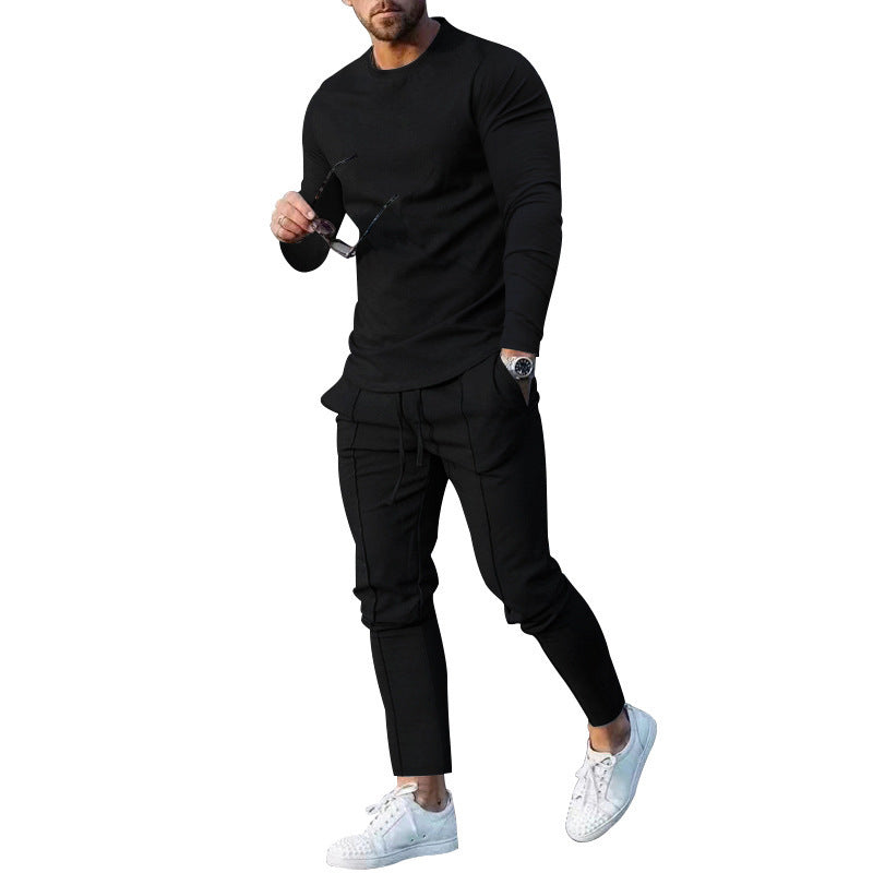 Spring Round Neck Long Sleeve T-shirt Trousers Solid Color Men's Two-piece Suit - D&A