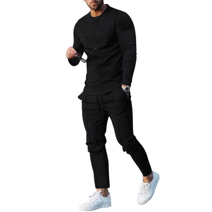 Spring Round Neck Long Sleeve T-shirt Trousers Solid Color Men's Two-piece Suit - D&A