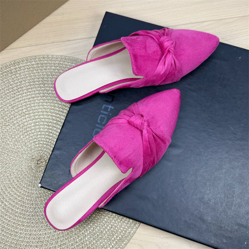 Bow Toe Korean Style Simple Pointed Flat Lazy Half Slippers Rose Red - D&A