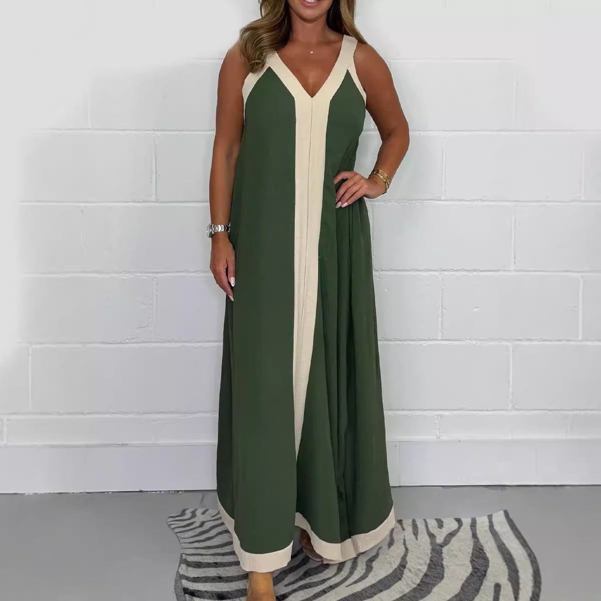 Casual Loose Contrast Color V-neck Sleeveless Long Dress - D&A