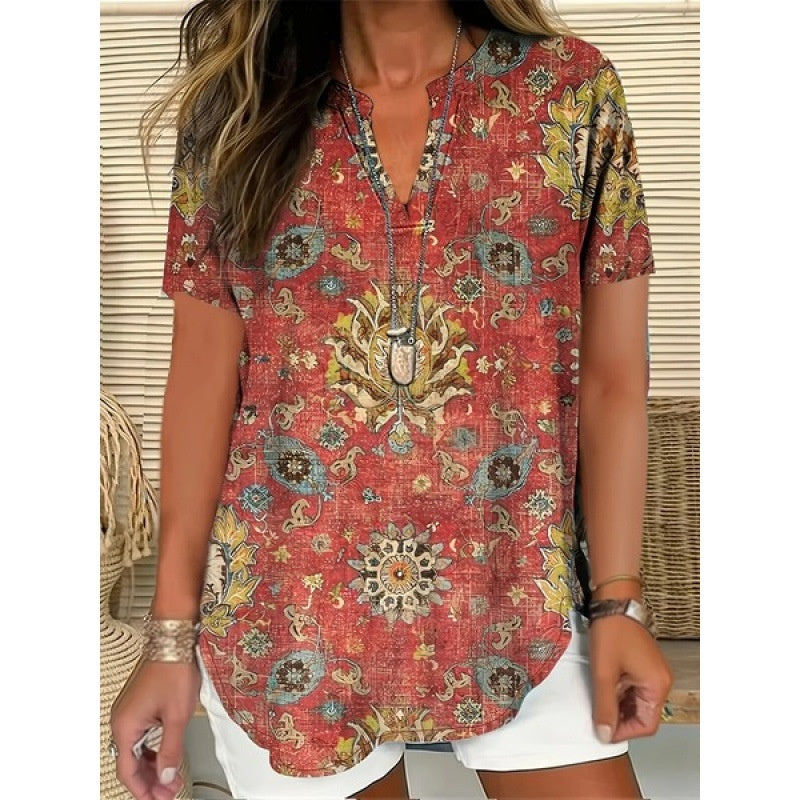 3D Printed Women's Spring And Summer Loose V-neck Short Sleeve Top - D&A