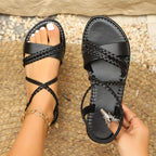 Women's Summer Elastic Band Slip-on Comfortable Lightweight Roman Flat Sandals Black - D&A