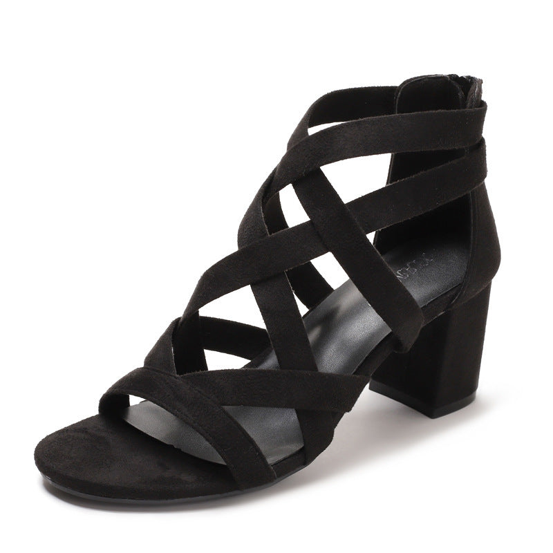 Chunky Heel Rhinestone Rome Classy High Heels Black - D&A