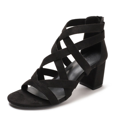 Chunky Heel Rhinestone Rome Classy High Heels Black - D&A