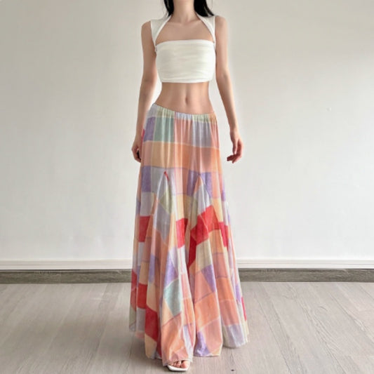 Colorful Flower Niche Artistic Colorblock Plaid Skirt - D&A