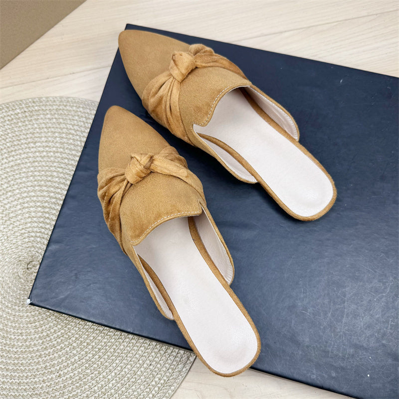 Bow Toe Korean Style Simple Pointed Flat Lazy Half Slippers Khaki - D&A