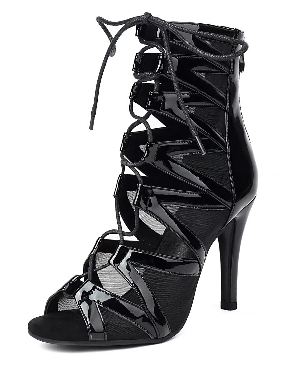 Jazz High Heels Belt Buckle Hollow Mesh Peep Toe Booties Black Patent Leather 7CM - D&A