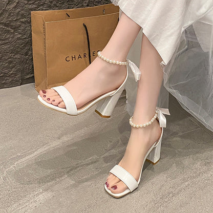Summer New Pearl Bow Buckle Open Toe Chunky Heel All-match Sandals - D&A