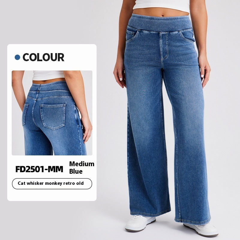 High Waist Straight Cat Beard Horse Riding Yoga Jeans Medium Blue Cat Beard - D&A