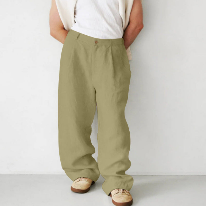 Men's Loose Linen Pleated High Waist Jogger Pants Breathable Daily Casual Pants Olive - D&A