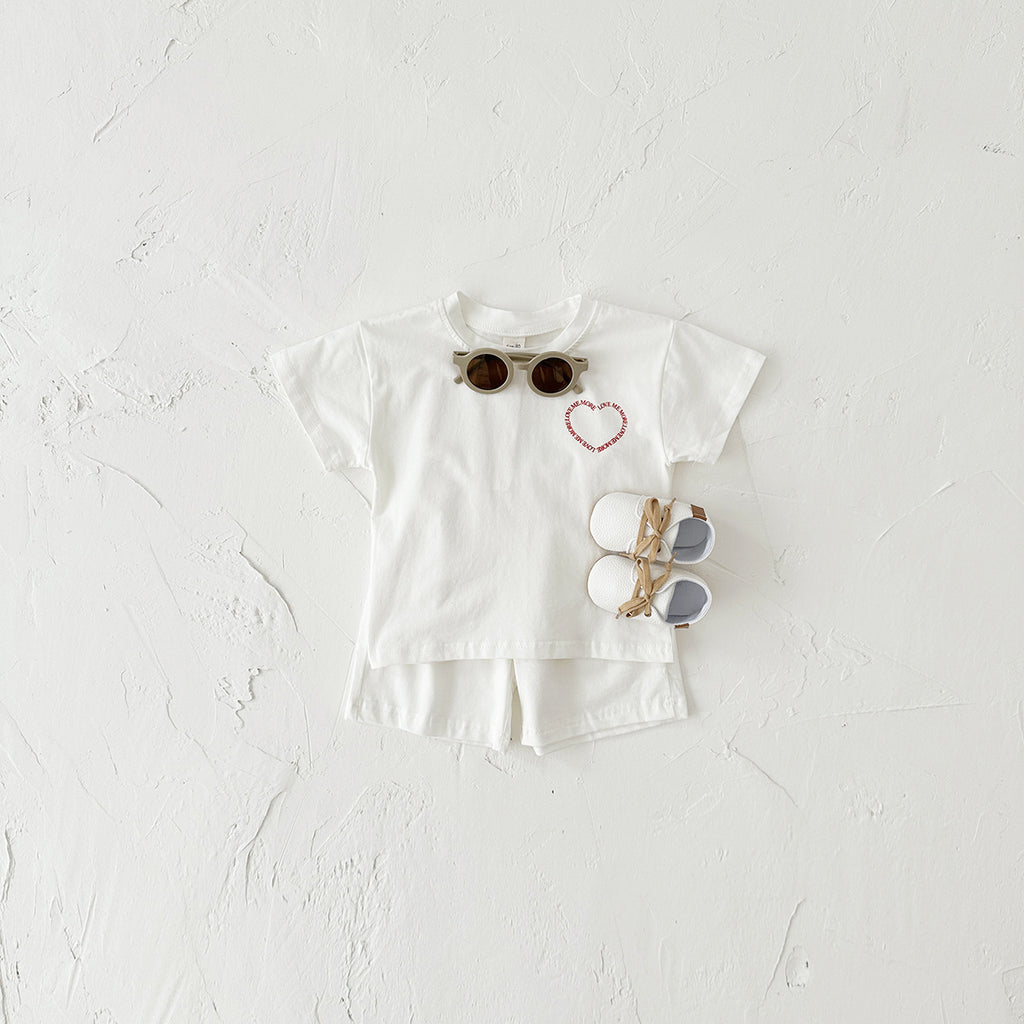 Heart Printing Short Sleeve Suit Korean Style Baby Boys' And Girls' Clothing Two-piece Set White - D&A