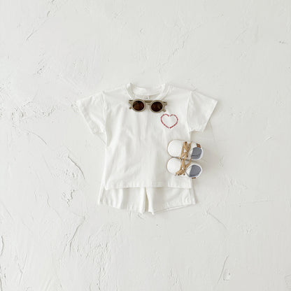 Heart Printing Short Sleeve Suit Korean Style Baby Boys' And Girls' Clothing Two-piece Set White - D&A