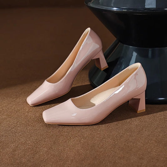Classic Style High Heel Patent Leather Square Toe Light Luxury French Shoes - D&A