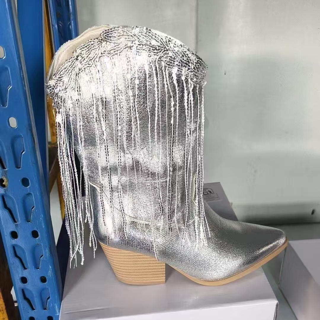 European And American Fashion Middle Fashion Boots Female Retro Chunky Heel Pleated Western Knight 9322 Silver - D&A