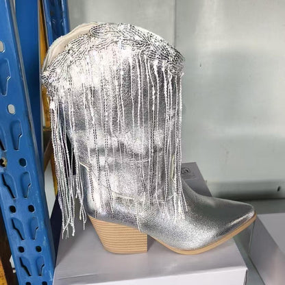 European And American Fashion Middle Fashion Boots Female Retro Chunky Heel Pleated Western Knight 9322 Silver - D&A