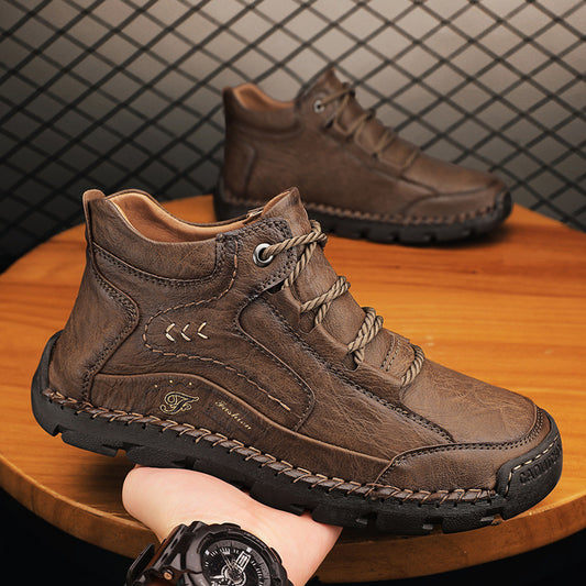 Fleece-lined Warm Mid-top Cotton-padded Shoes Soft Bottom Stitching Non-slip Men's Outdoor Leisure Shoes - D&A