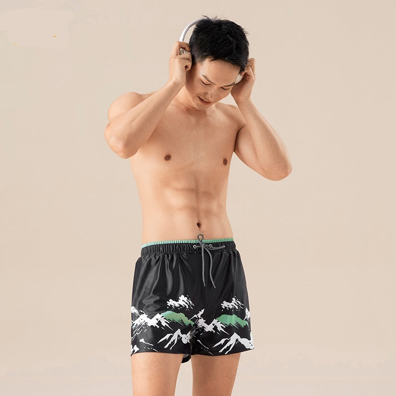 Men's Water-absorbing Quick-drying Simple Printed Swimming Trunks Matcha Black - D&A