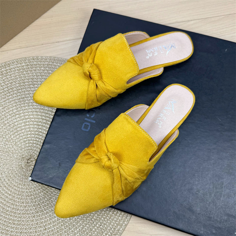 Bow Toe Korean Style Simple Pointed Flat Lazy Half Slippers Yellow - D&A