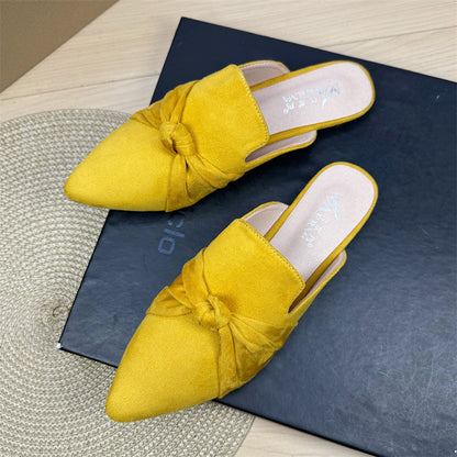 Bow Toe Korean Style Simple Pointed Flat Lazy Half Slippers Yellow - D&A
