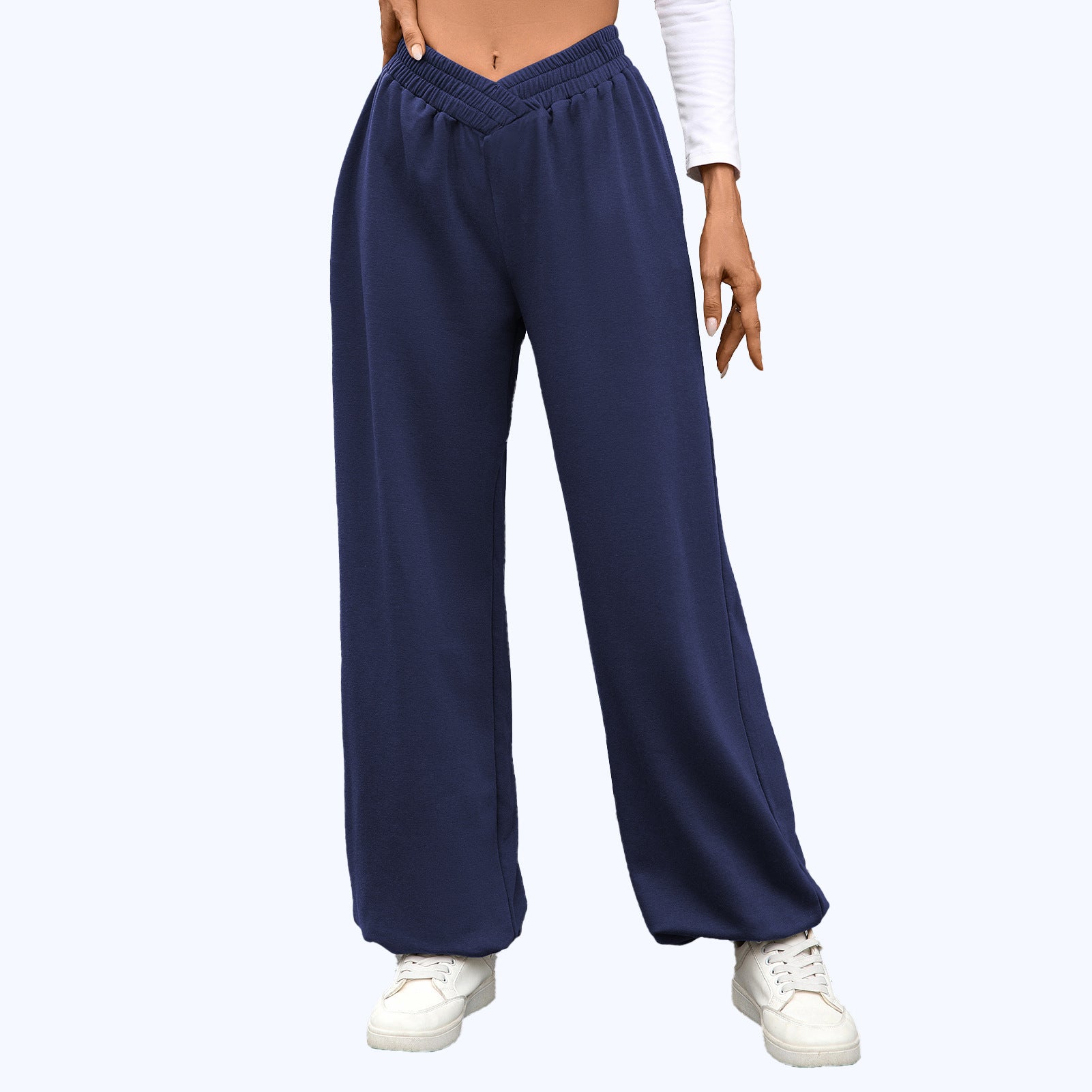 High Waist Pure Color Pocket Ankle-tied Trousers Casual Pants For Women Navy Blue - D&A