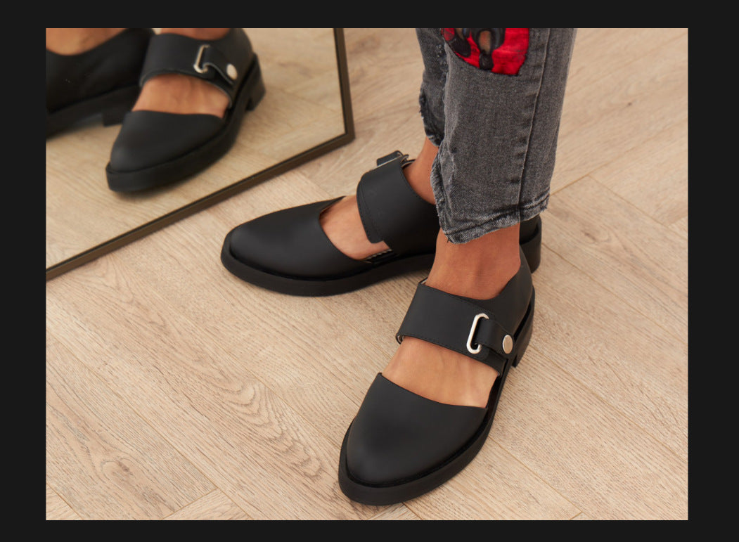 Spring Leisure Low Heel Square Heel Round Head Buckle Oversized Shoes Black - D&A