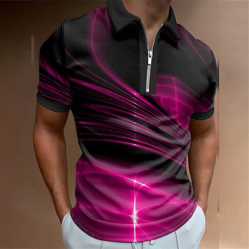 Men's Lapel Short Sleeve Zipper Polo Shirt Printing Pink - D&A
