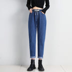 Korean Style Women's Straight Casual Elastic Waist Tied High Waist Student Jeans Dark Blue - D&A