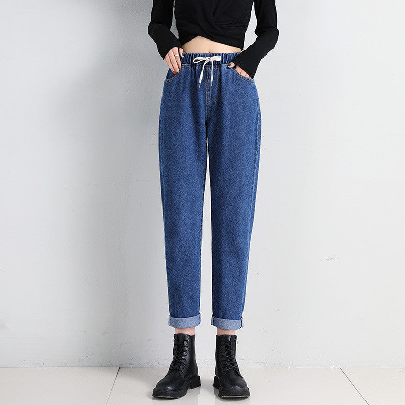 Korean Style Women's Straight Casual Elastic Waist Tied High Waist Student Jeans Dark Blue - D&A
