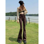 Stretchy High Waist Slimming Design Sense High Street Bell-bottom Pants Tide Coffee Color - D&A