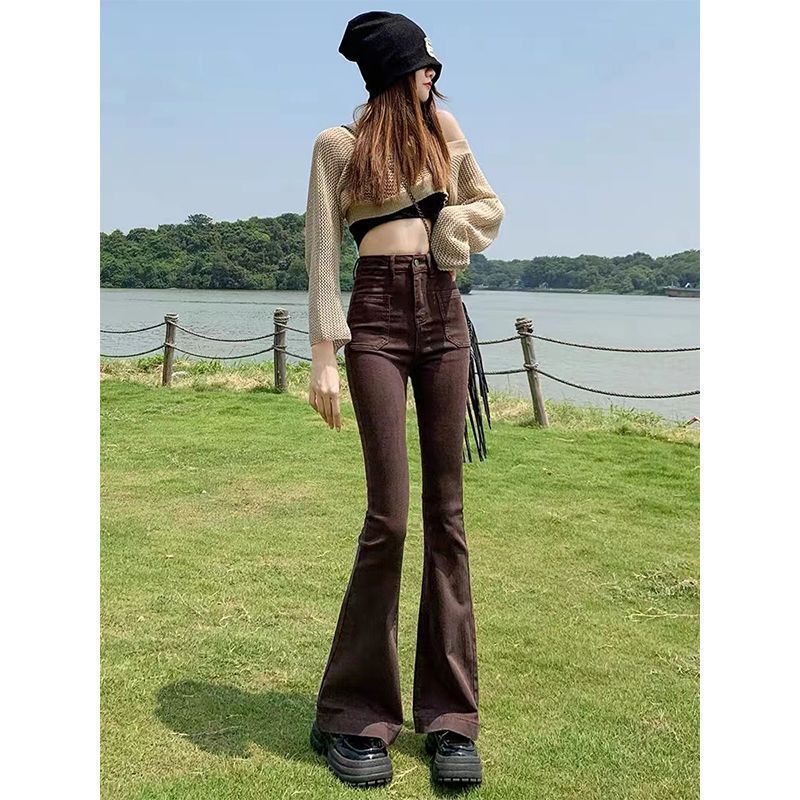 Stretchy High Waist Slimming Design Sense High Street Bell-bottom Pants Tide Coffee Color - D&A