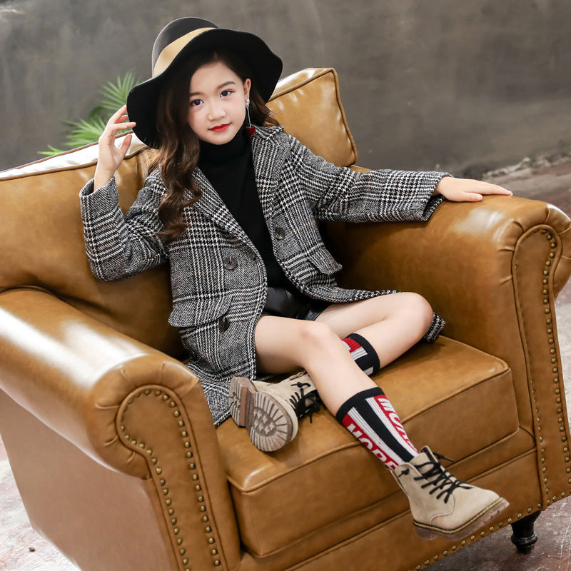Gray plaid houndstooth coat for girls - D&A