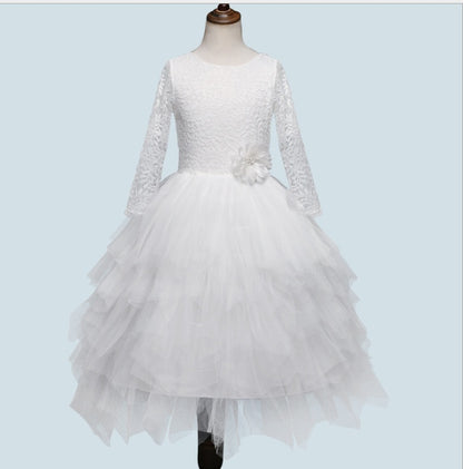Autumn And Winter Explosions Hollow Children's Skirt Lace Long-sleeved Girls White Princess Dress Irregular Dress White - D&A