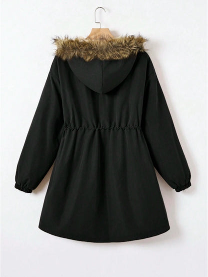 EZwear Drawstring Waist Fuzzy Trim Hooded Thermal Lined Drawstring Waist Coat - D&A