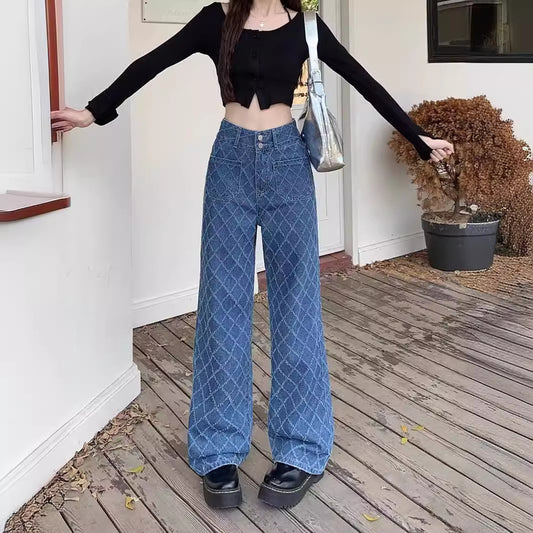 Summer Ladies New Loose Drooping Slimming Jacquard Design Straight-leg Denim Trousers - D&A