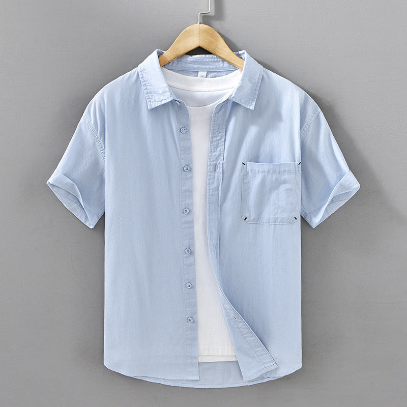 Summer Men's Casual Short-sleeved Cotton Shirt Blue - D&A
