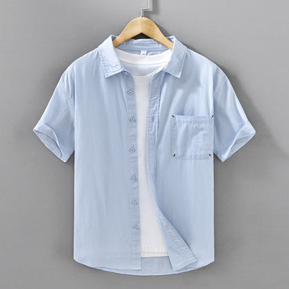 Summer Men's Casual Short-sleeved Cotton Shirt Blue - D&A