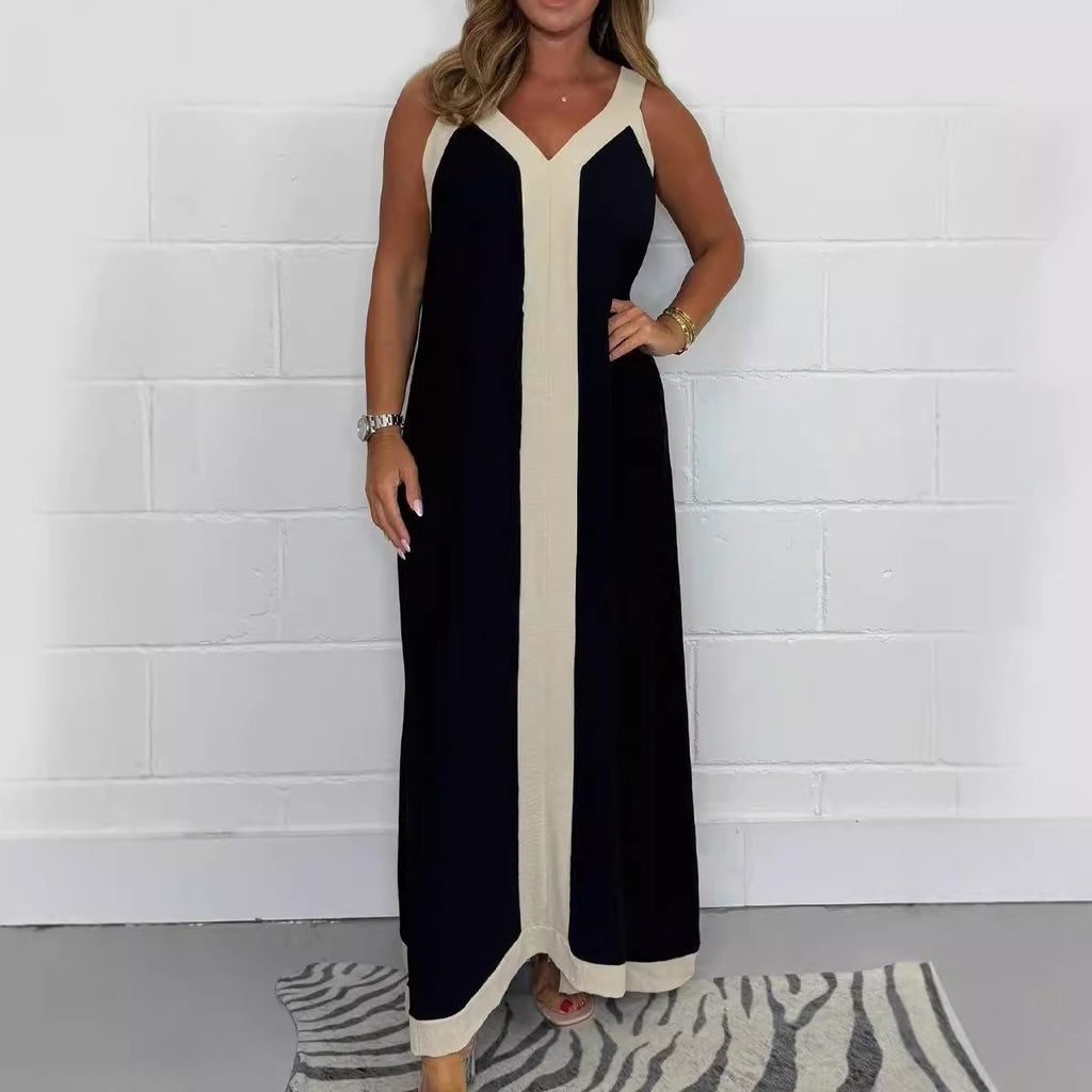 Casual Loose Contrast Color V-neck Sleeveless Long Dress - D&A